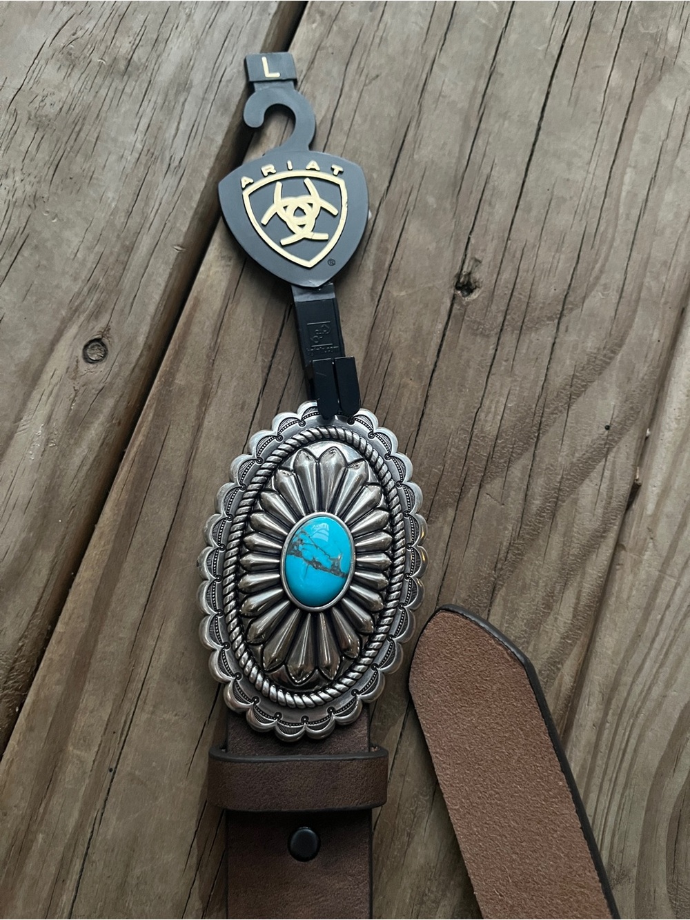 Ariat Brown Leather Belt with Turquoise Stone Concho